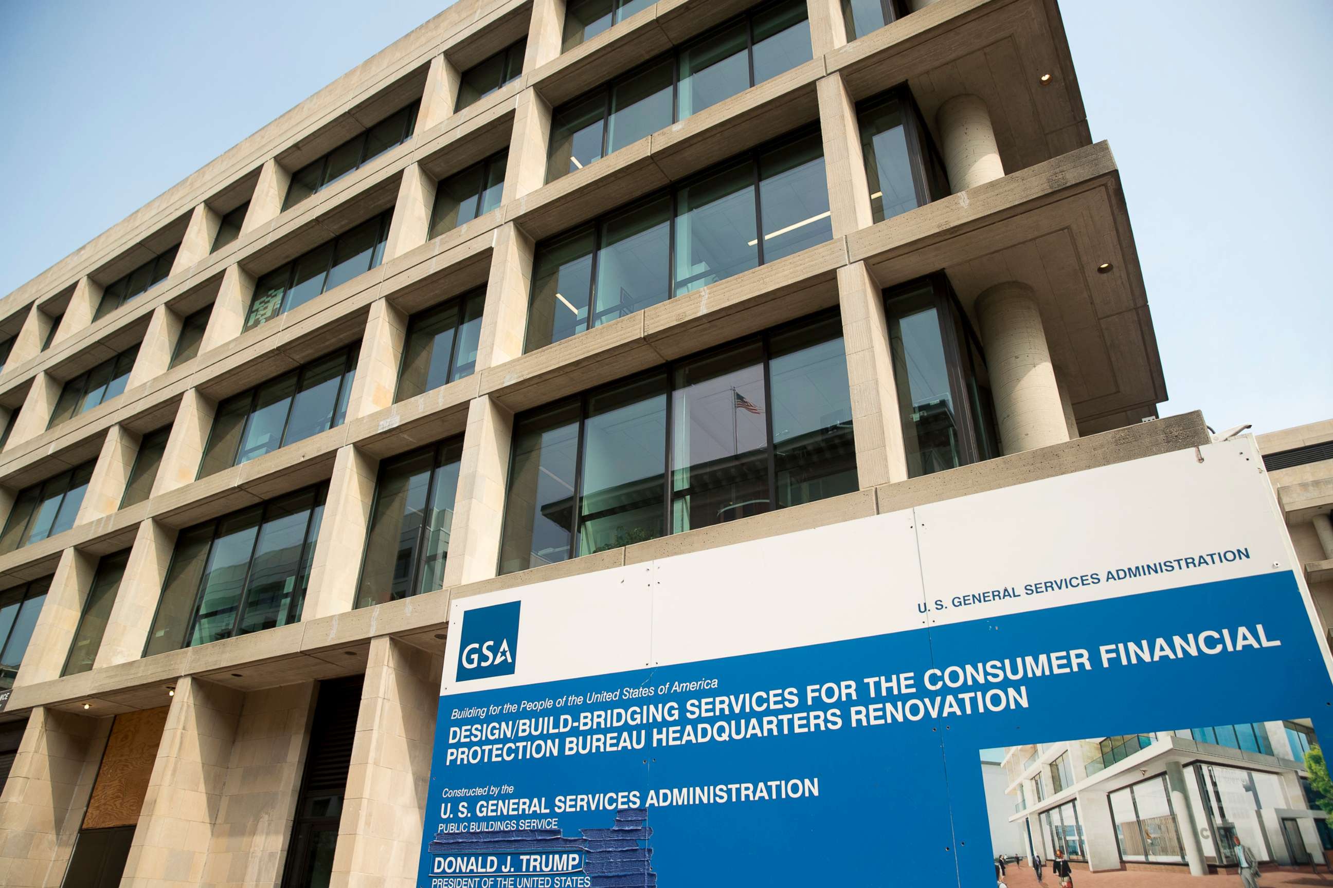PHOTO: A sign stands at the construction site for the Consumer Financial Protection Bureau's headquarters in Washington, Aug. 27, 2018.
