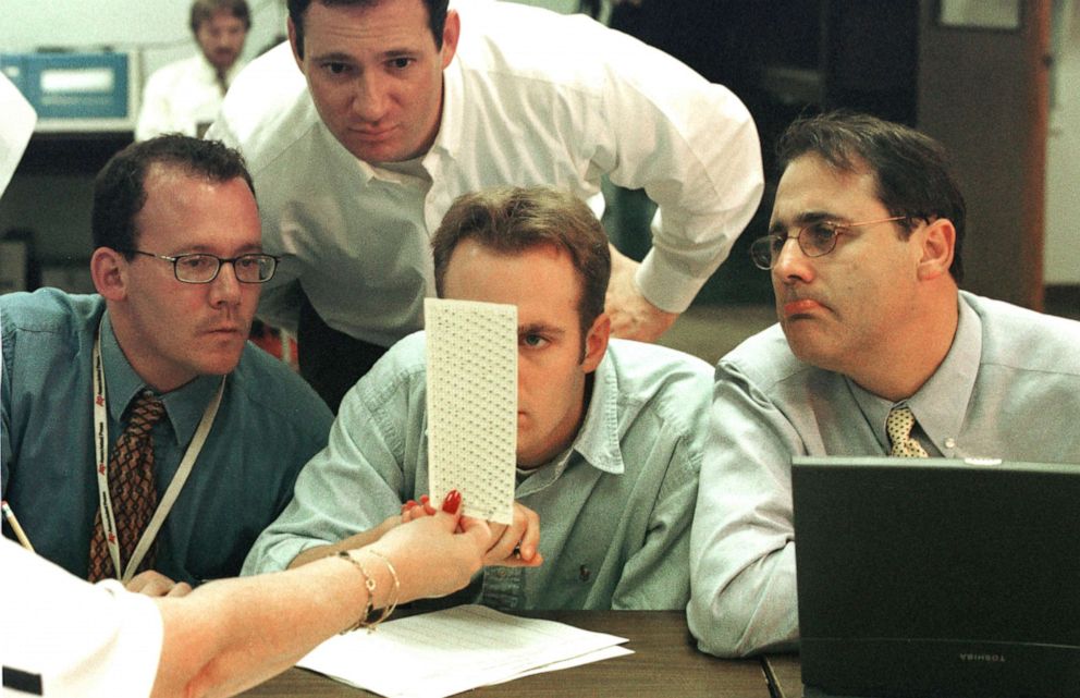 PHOTO: Broward County Election employees, reporters and Judicial Watch members look at undervotes, Dec. 18, 2000, at the Broward County Elections warehouse on in Fort Lauderdale, Fla. 
