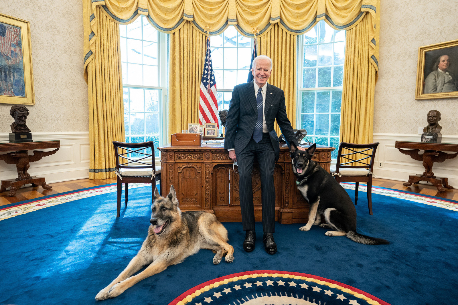 PHOTO: President Joe Biden is pictured with the Biden family dogs Champ and Major on Feb. 9, 2021 in the Oval Office of the White House in Washington, D.C.