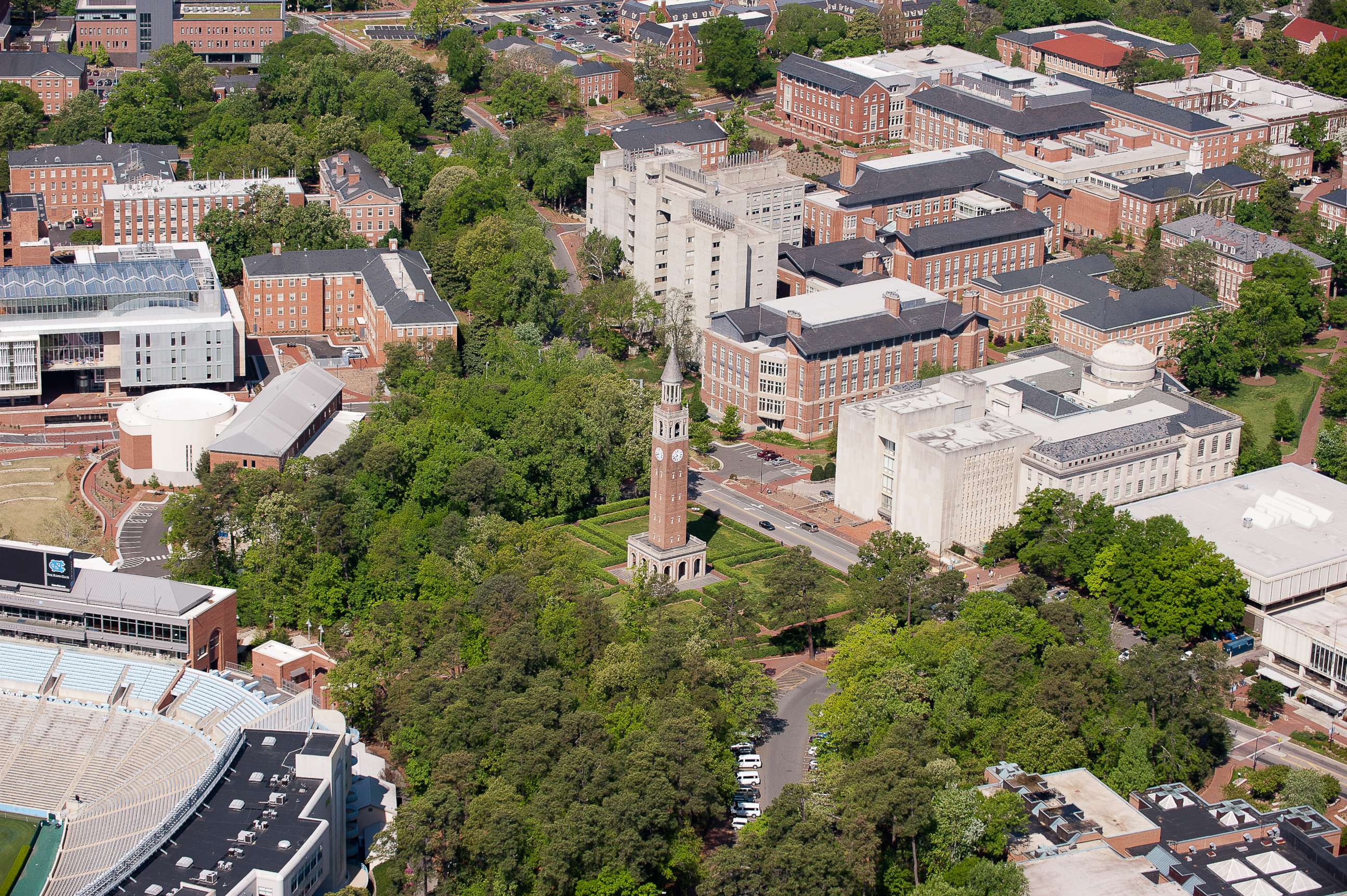 PHOTO: An aerial view of the University of North Carolina campus including the Morehead-Patterson Bell Tower (center) on April 21, 2013 in Chapel Hill, North Carolina.