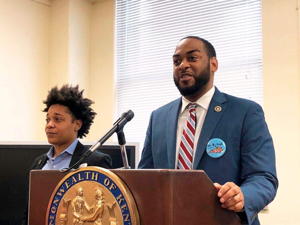 PHOTO: In this Jan. 29, 2020, file photo, Kentucky state Rep. Charles Booker, right, promotes a voting-rights measure in Frankfort, Ky.