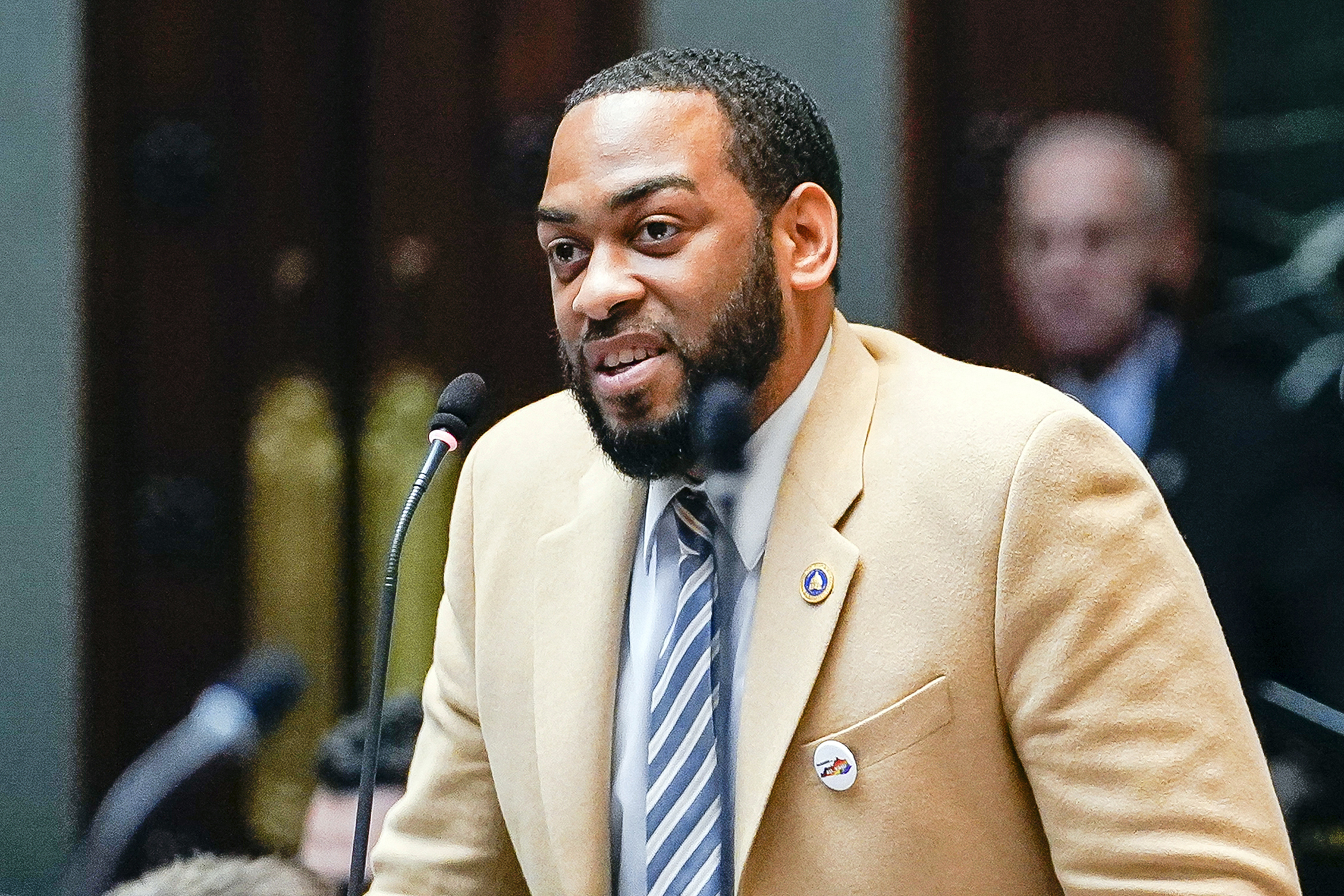 PHOTO: Rep. Charles Booker advocates for the passage of Kentucky HB-12 on the floor of the House of Representatives in the State Capitol in Frankfort, Ky., Feb. 19, 2020.