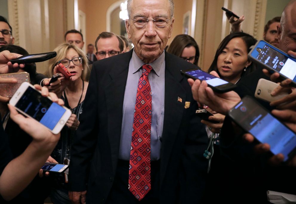 PHOTO: Senate Judiciary Committee Chairman Charles Grassley talks with reporters as he leaves a meeting in Senate Majority Leader Mitch McConnells office at the Capitol, Sept. 24, 2018, in Washington, DC.