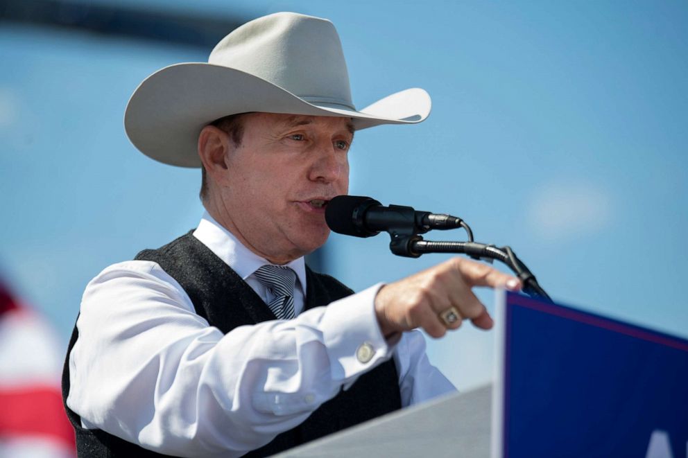 PHOTO: Nebraska Republican gubernatorial candidate Charles Herbster speaks from the podium during a campaign rally, on May 1, 2022, in Greenwood, Neb.