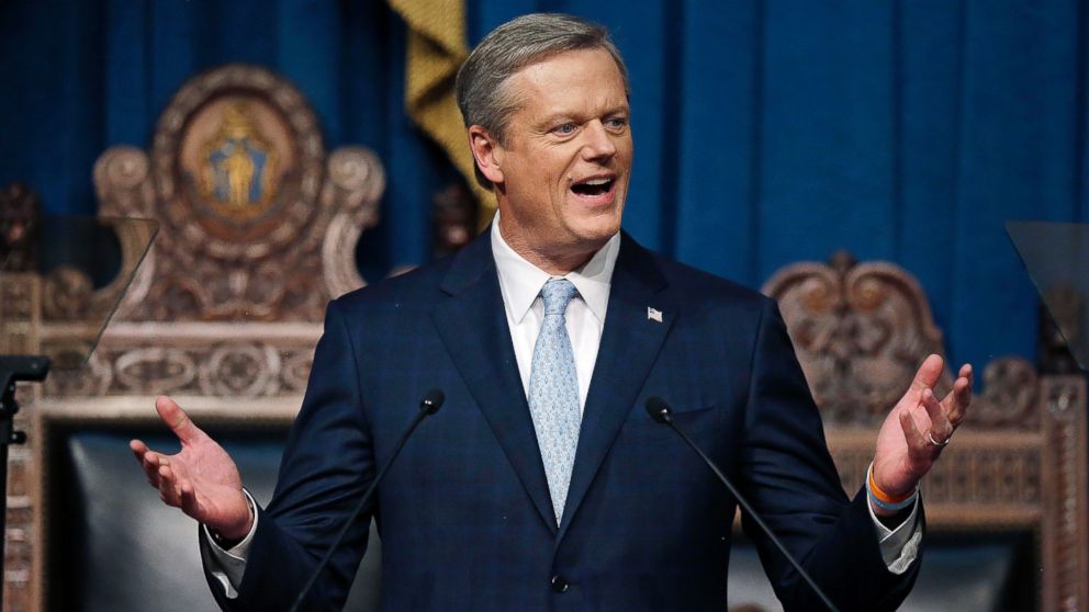 In this Jan. 23, 2018 file photo, Massachusetts Gov. Charlie Baker delivers his state of the state address in the House Chamber in Boston