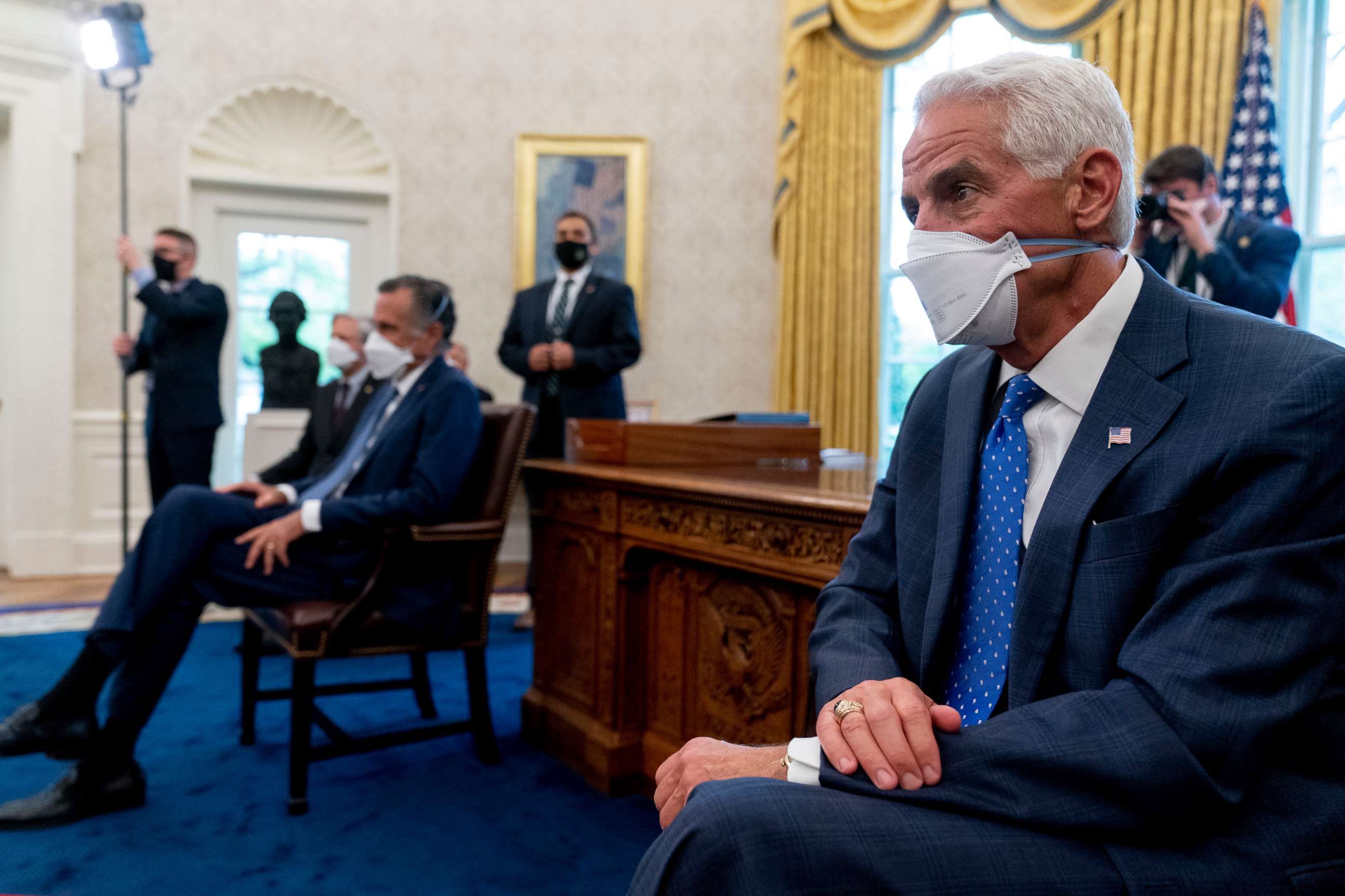 PHOTO: Rep. Charlie Crist attends a meeting with President Joe Biden and other members of congress to discuss his jobs plan in the Oval Office of the White House in Washington, April 19, 2021.