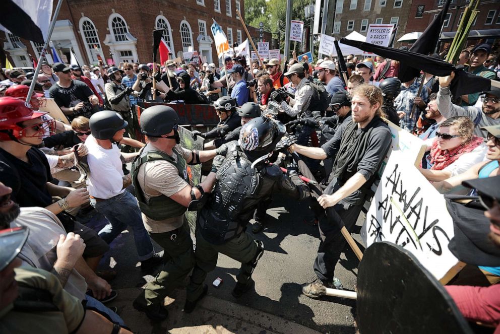 PHOTO: In this Aug. 12, 2017, file photo, white nationalists, neo-Nazis and members of the "alt-right" clash with counter-protesters as they enter Emancipation Park during the "Unite the Right" rally in Charlottesville, Va.