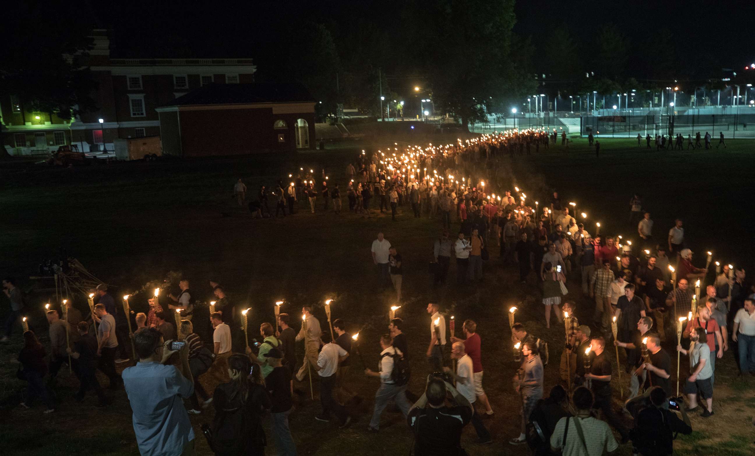PHOTO: In this Aug. 11, 2017, file photo, white nationalists and white supremacists carrying torches march through the University of Virginia campus, in Charlottesville, Va.