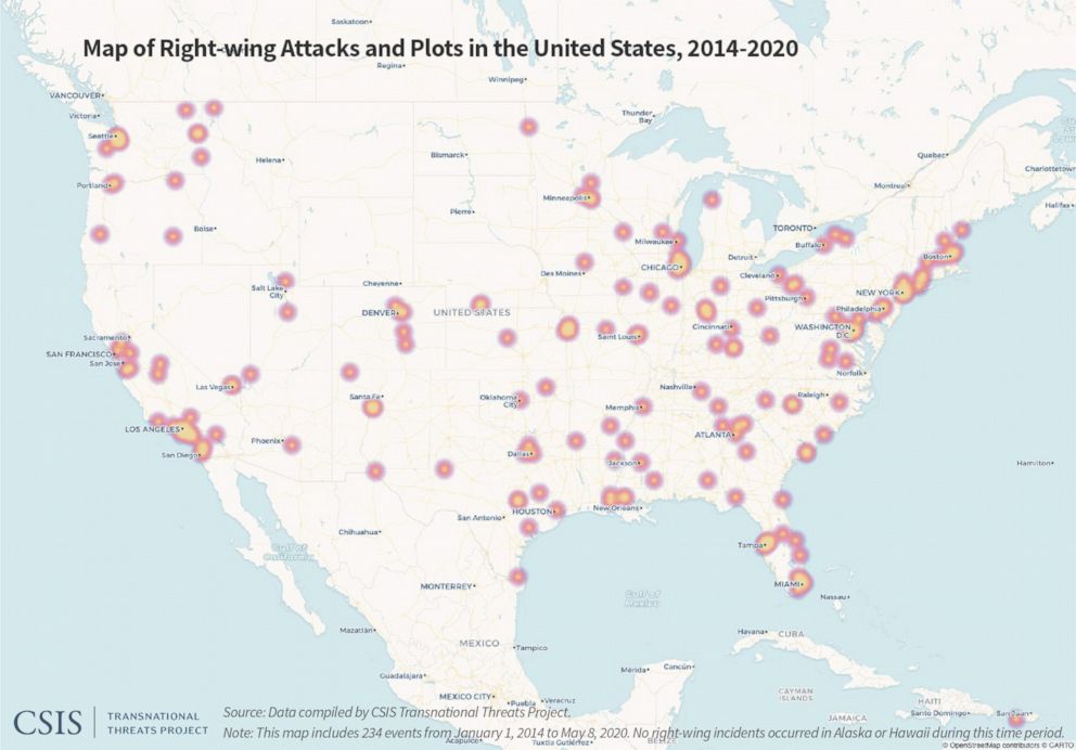 PHOTO: A June analysis by the Center for Strategic and International Studies concluded that right-wing extremists perpetrated two-thirds of the attacks and plots in the U.S. in 2019, and more than 90% between Jan. 1 and May 8, 2020.