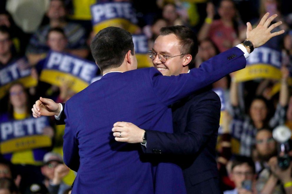 PHOTO: Democratic presidential candidate and former South Bend Mayor Pete Buttigieg embraces his husband Chasten at his New Hampshire primary night rally in Nashua, N.H., Feb. 11, 2020. 