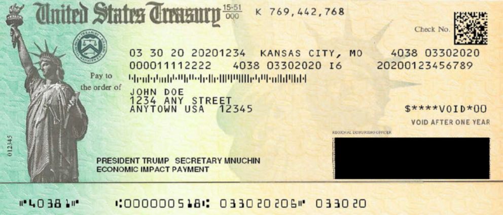 PHOTO: An April 2020 draft of an economic stimulus payment check, obtained by ABC News, shows then-Treasury Secretary Steven Mnuchin's name alongside then-President Donald Trump's.