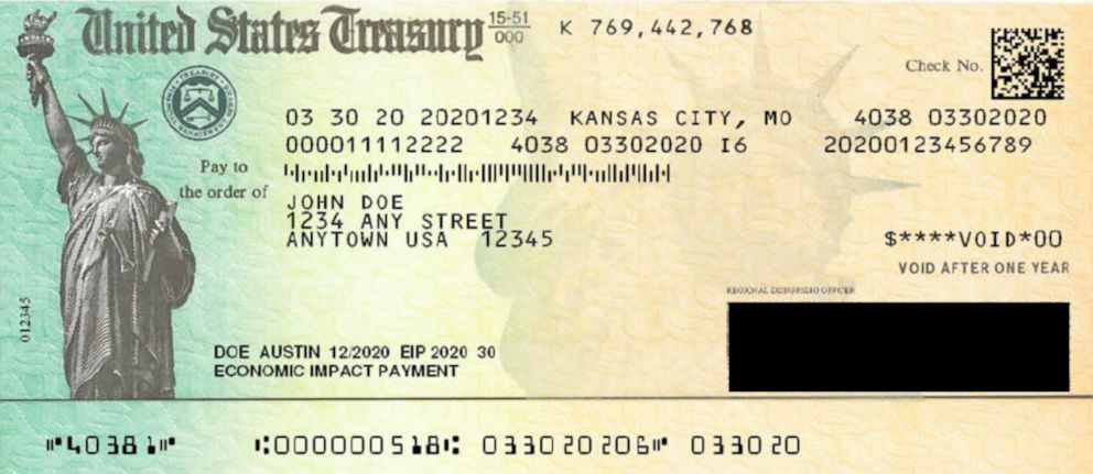 PHOTO: An April 2020 draft of an economic stimulus payment check, obtained by ABC News, does not include any reference to then-President Donald Trump. His name appeared on the final version sent to Americans.
