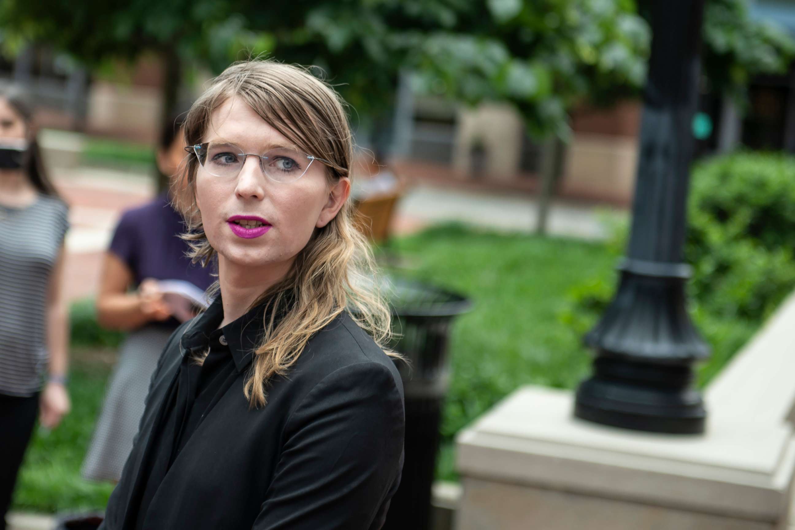 PHOTO: In this May 19, 2019, file photo, former military intelligence analyst Chelsea Manning speaks to the press ahead of a Grand Jury appearance about WikiLeaks, in Alexandria, Va.