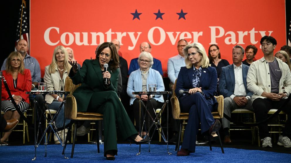 PHOTO: Vice President and Democratic presidential candidate Kamala Harris holds a moderated conversation with Former Rep. Liz Cheney at People's Light performing arts theater Malvern, Pa., Oct. 21, 2024.