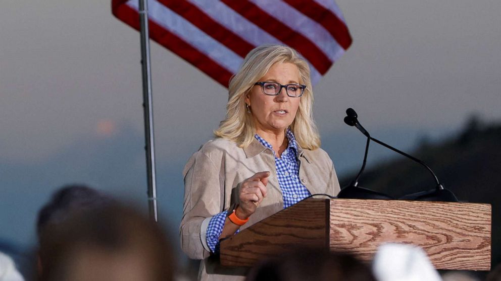PHOTO: Republican candidate Representative Liz Cheney speaks during her primary election night party in Jackson, Wyo., Aug. 16, 2022.