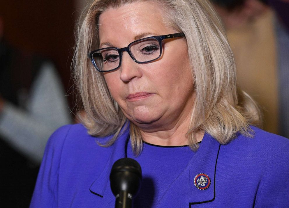 PHOTO: Rep. Liz Cheney speaks to the media at the US Capitol in Washington, on May 12, 2021.