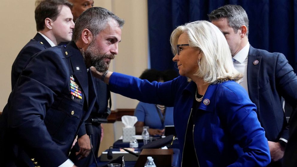 PHOTO: Rep. Liz Cheney greets Washington Metropolitan Police Department officer Michael Fanone before the first House select committee hearing on the Jan. 6 attack on Capitol Hill in Washington, D.C., July 27, 2021.