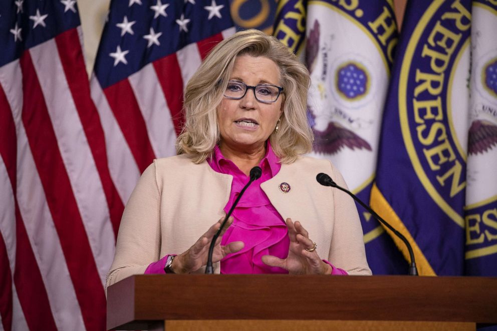 PHOTO: Rep. Liz Cheney (R-WY) speaks during a news conference with other Republican members of the House of Representatives at the Capitol, July 21, 2020, in Washington, D.C.