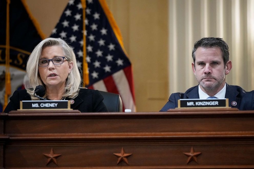 PHOTO: Rep. Liz Cheney, vice-chair of the select committee investigating the January 6 attack on the Capitol, and Rep. Adam Kinzinger listen during a committee meeting on Capitol Hill, Dec. 1, 2021, in Washington, D.C.