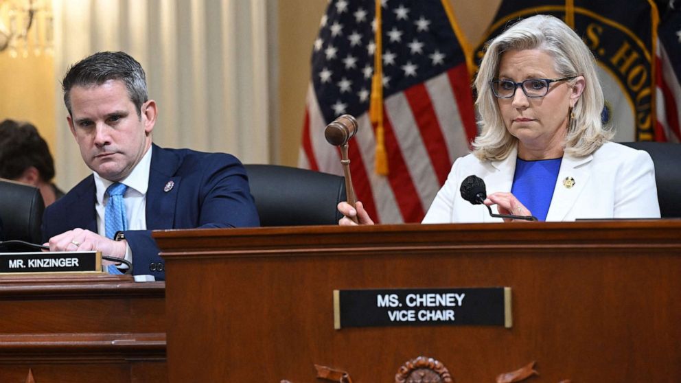 PHOTO: Rep. Liz Cheney and Rep. Adam Kinzinger arrive for a hearing by the House Select Committee to investigate the Jan. 6 attack, July 21, 2022, in Washington, D.C. 