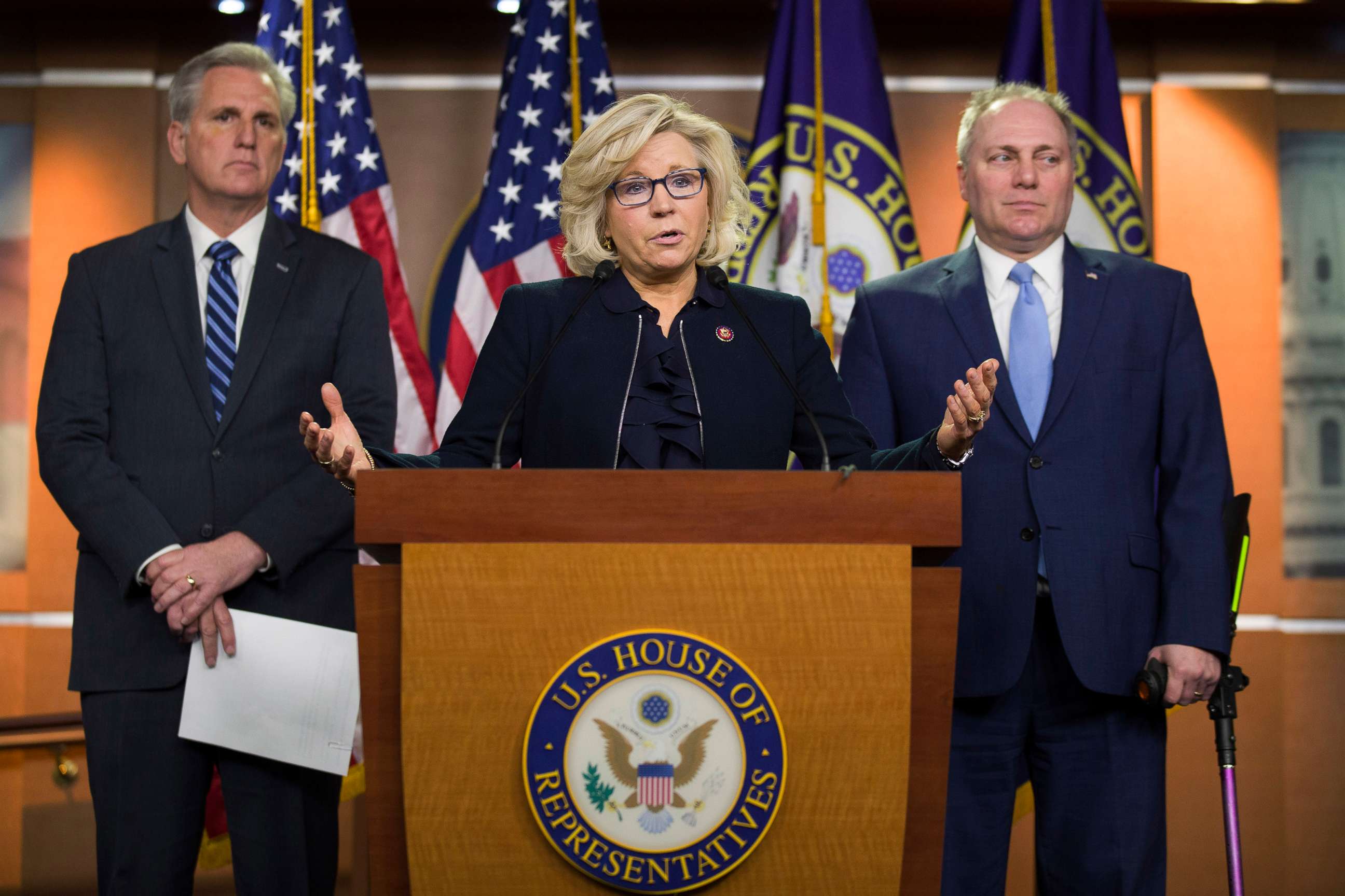 PHOTO: House Republican Conference chair Rep. center, accompanied by House Minority Leader Kevin McCarthy of Calif., left, and House Minority Whip Steve Scalise of La., speaks at a news conference on Capitol Hill, Jan. 15, 2019, in Washington.