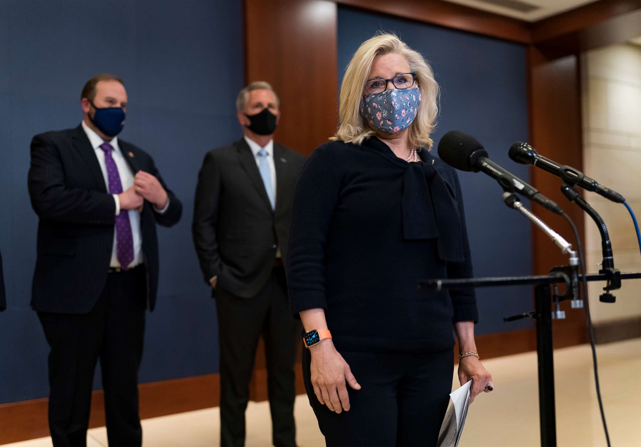 PHOTO: Rep. Liz Cheney, the House Republican Conference chair, joined from left by Rep. Jason Smith, top Republican on the House Budget Committee, and House Minority Leader Kevin McCarthy, speaks to reporters on Capitol Hill in Washington, Feb. 24, 2021.