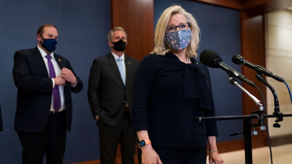 PHOTO: Rep. Liz Cheney, the House Republican Conference chair, joined from left by Rep. Jason Smith, top Republican on the House Budget Committee, and House Minority Leader Kevin McCarthy, speaks to reporters on Capitol Hill in Washington, Feb. 24, 2021.