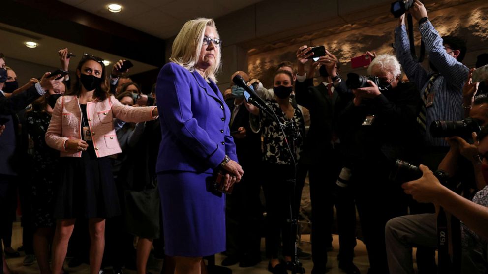 PHOTO: Rep. Liz Cheney speaks to the media at the US Capitol in Washington, on May 12, 2021.