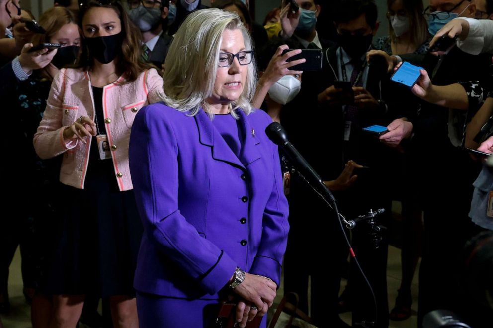 PHOTO: Rep. Liz Cheney speaks to reporters after her removal as chair of the House Republican Conference on Capitol Hill in Washington, D.C., May 12, 2021.