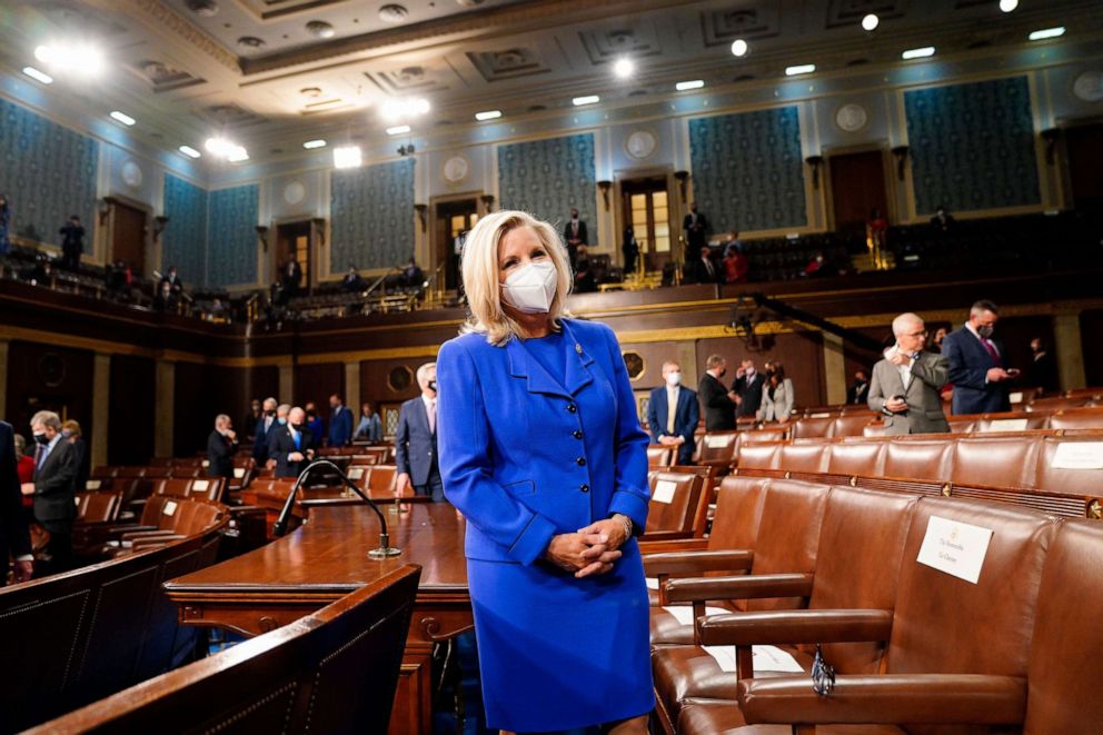 PHOTO: Rep. Liz Cheney waits for the arrival of President Joe Biden, before he addresses a joint session of Congress, at the Capitol, April 28, 2021. 