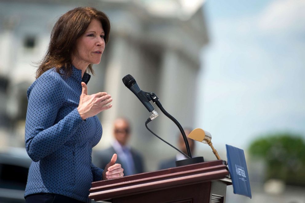 PHOTO: Rep. Cheri Bustos, Co-Chair of the Democratic Policy and Communications Committee, speaks outside the Capitol during 'A Better Deal for Our Democracy' press conference hosted by House and Senate Democrats, May 21, 2018.