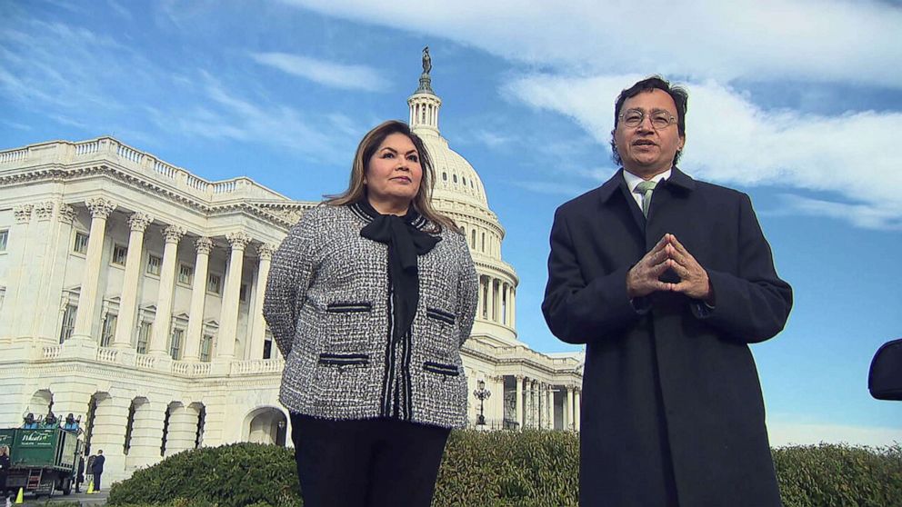 PHOTO: Cherokee Nation delegate Kim Teehee and principal chief Chuck Hoskin, Jr., outside the U.S. Capitol in November 2022. The tribal leaders are lobbying Congress to fulfill a nearly 200-year-old treaty.