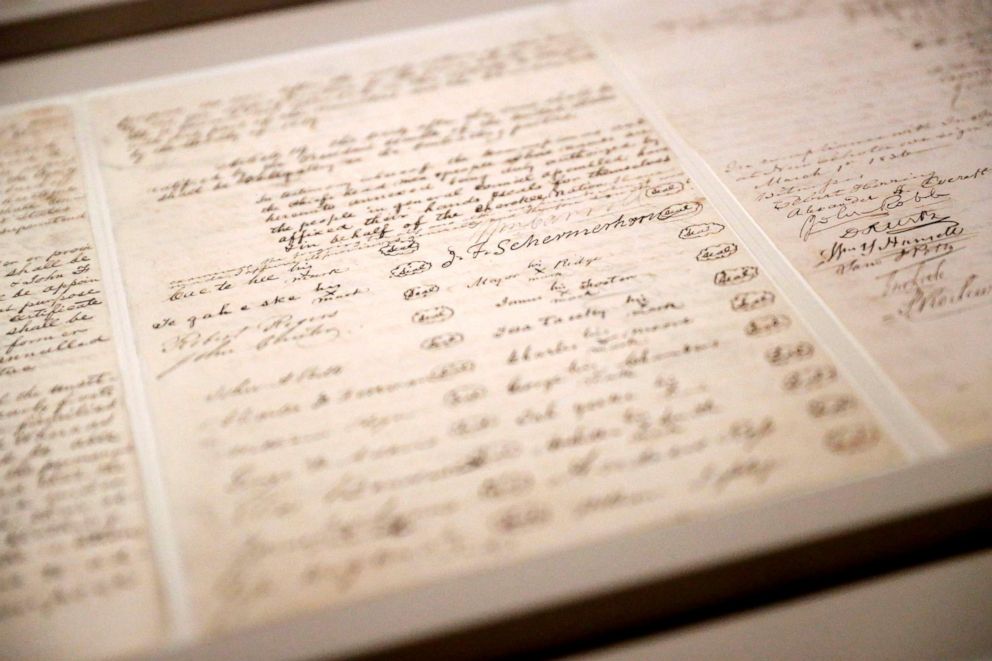 PHOTO: Details from the Treaty of New Echota (1835) on display at the Smithsonian's National Museum of the American Indian on Friday, April 12, 2019 in Washington. 