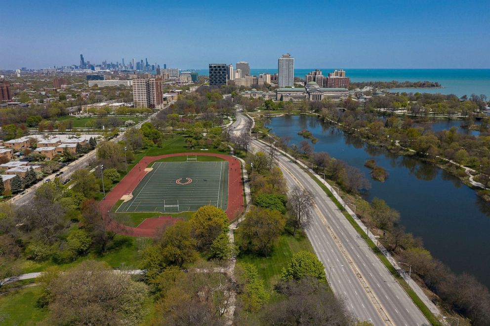 PHOTO: An aerial view shows the proposed site for the Obama Presidential Center in Chicago's Jackson Park, May 13, 2020. 