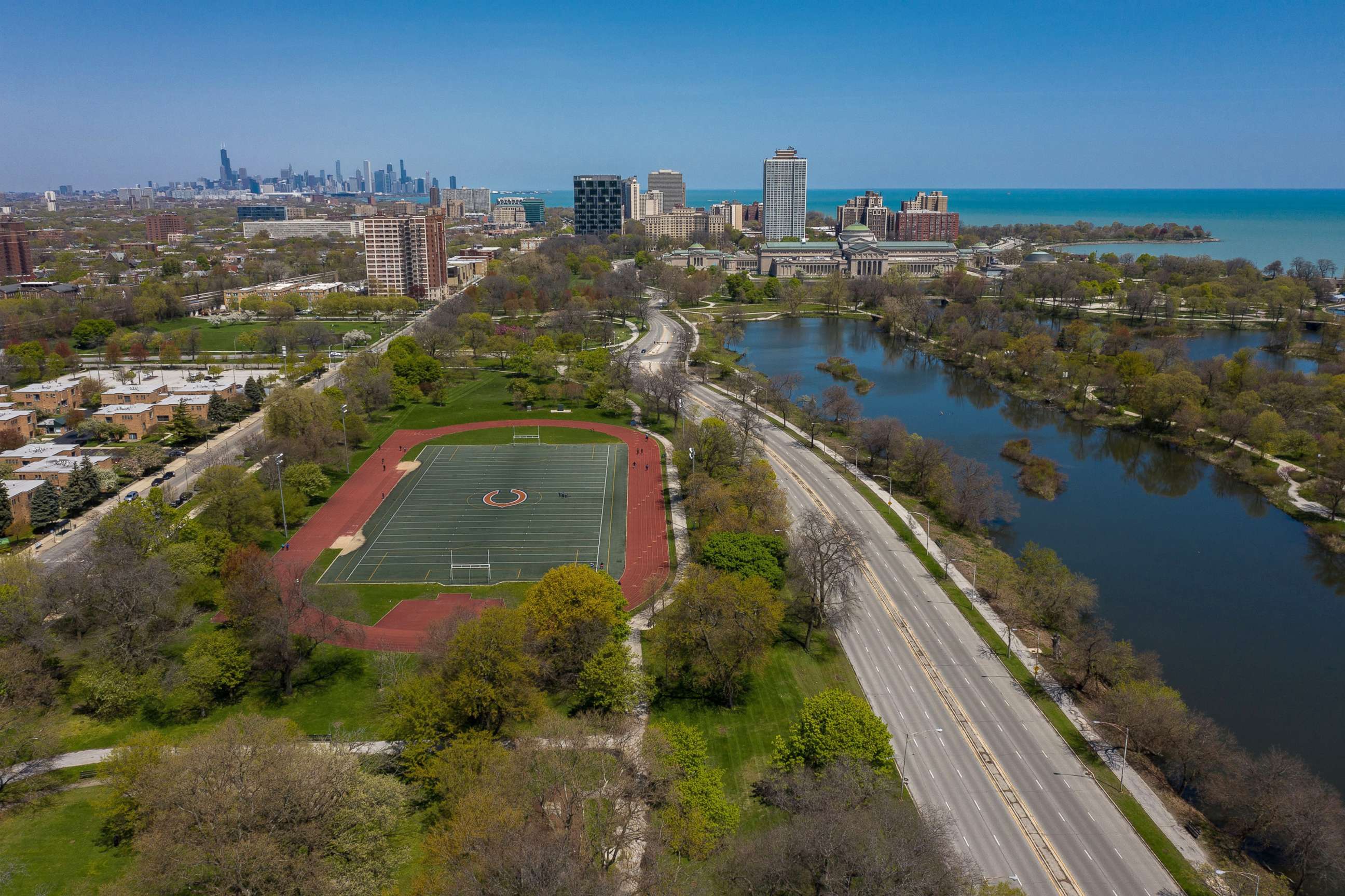 PHOTO: In this May 13, 2020, file photo, an aerial view shows the proposed site for the Obama Presidential Center in Chicago's Jackson Park.