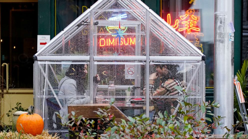 PHOTO: People eat in a greenhouse structure at Duck Duck Goat restaurant on Fulton Market in Chicago, Oct. 18, 2020.
