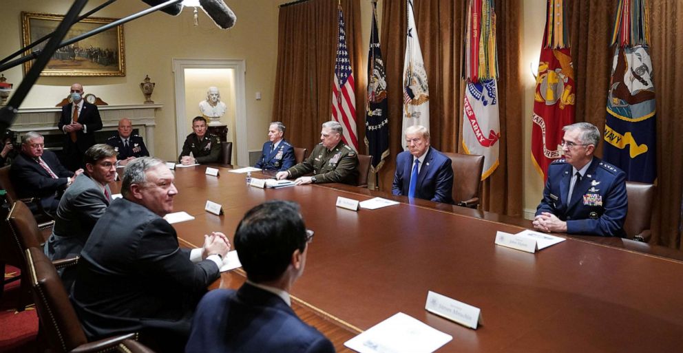 PHOTO: President Donald Trump meets with military leaders and national security team in the Cabinet Room of the White House, May 9, 2020.
