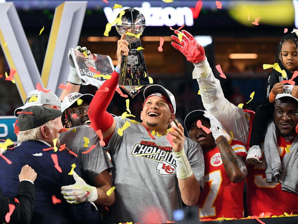 PHOTO: Kansas City Chiefs quarterback Patrick Mahomes hoist the Vince Lombardi Trophy after defeating the San Francisco 49ers in Super Bowl LIV at Hard Rock Stadium, Feb. 2, 2020, in Miami Gardens, Fla.
