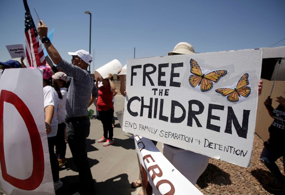 PHOTO: Activists hold a protest against the treatment and conditions of children in immigration detention outside U.S. Customs and Border Protection's Border Patrol station facilities in Clint, Texas, U.S., June 27, 2019. 