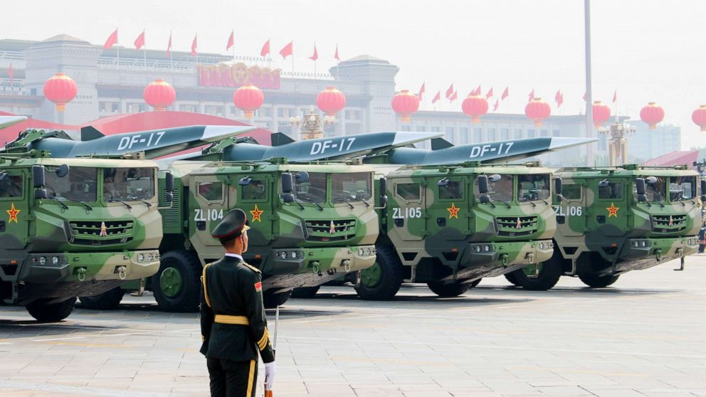 PHOTO: DF-17 Dongfeng medium-range ballistic missiles equipped with a DF-ZF hypersonic glide vehicle, are on display in a military parade to mark the 70th anniversary of the Chinese People's Republic.