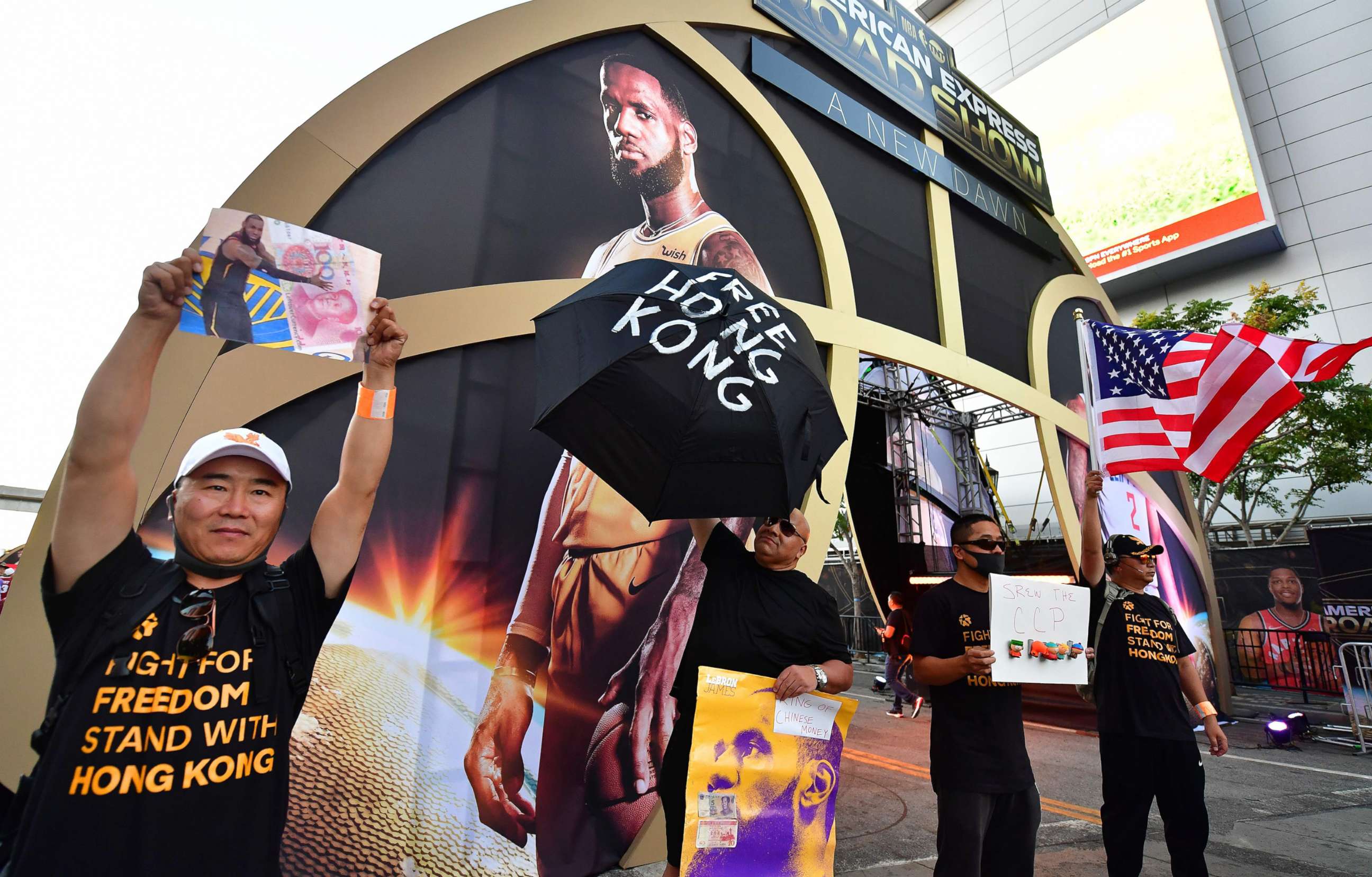 PHOTO: Hong Kong supporters protest outside Staples Center ahead of the Lakers vs Clippers NBA season opener in Los Angeles, Oct. 22, 2019. 