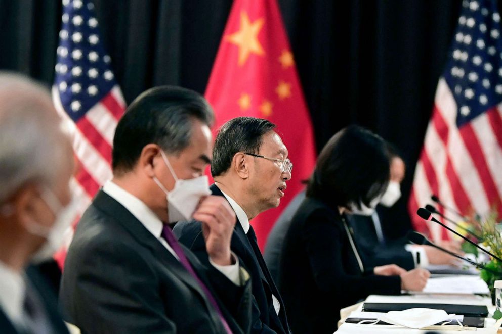 PHOTO: The Chinese delegation speak with their US counterparts at the opening session of US-China talks at the Captain Cook Hotel in Anchorage, Alaska, March 18, 2021. 