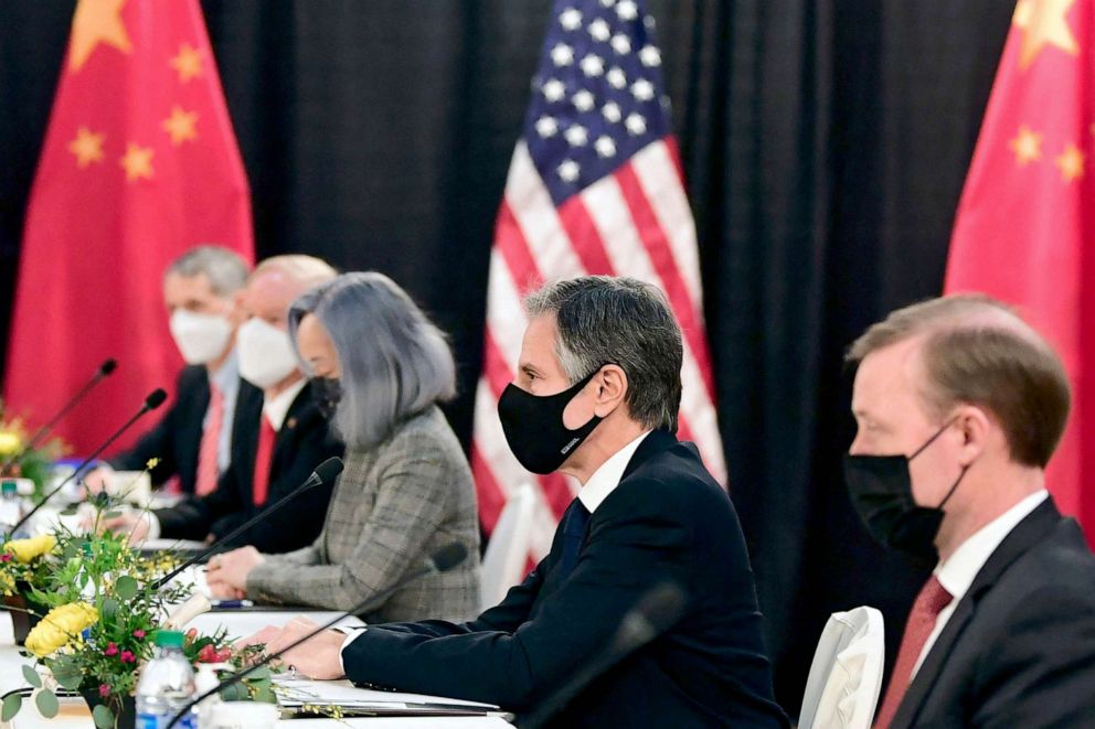 PHOTO: The US delegation led by Secretary of State Antony Blinken, flanked by US National Security Advisor Jake Sullivan face their Chinese counterparts at the opening session of US-China talks in Anchorage, Alaska, March 18, 2021. 