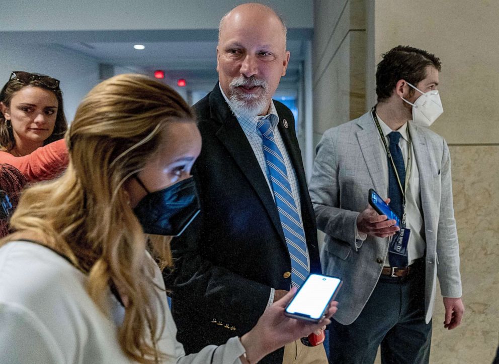 PHOTO: Rep. Chip Roy, center, arrives as the House Republican Conference meets to elect a new chairman to replace Rep. Liz Cheney, who was ousted from the GOP leadership, at the Capitol in Washington, D.C., May 14, 2021.