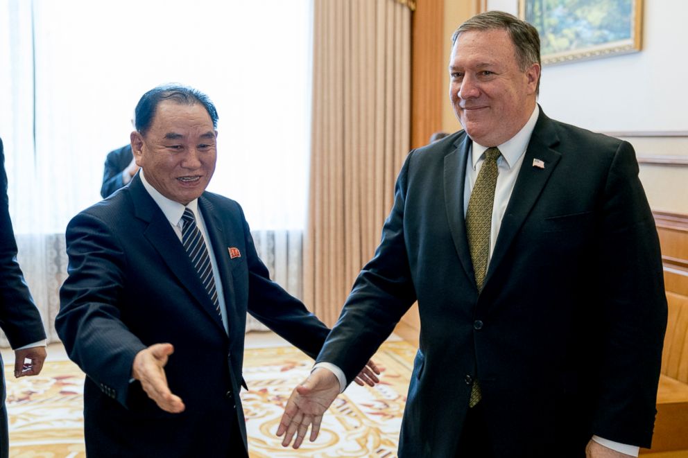 PHOTO: U.S. Secretary of State Mike Pompeo, right, and Kim Yong Chol arrive for a lunch at the Park Hwa Guest House in Pyongyang, North Korea, July 7, 2018.