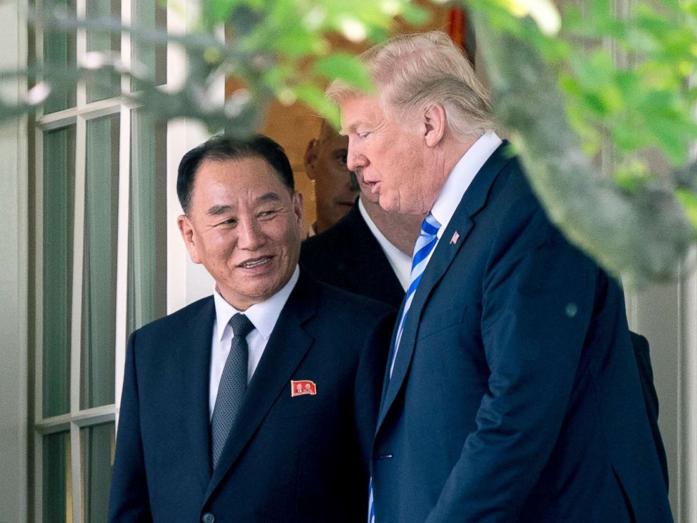 PHOTO: President Donald Trump talks with Kim Yong Chol, former North Korean military intelligence chief as they walk from their meeting in the Oval Office of the White House, June 1, 2018.