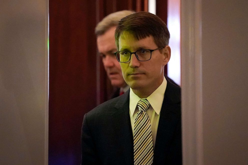 PHOTO: State Department career foreign service officer Christopher Anderson is illuminated by a green light as he goes through security screening at the Capitol to review transcripts of his previous interview, in Washington, D.C., Nov. 7, 2019.