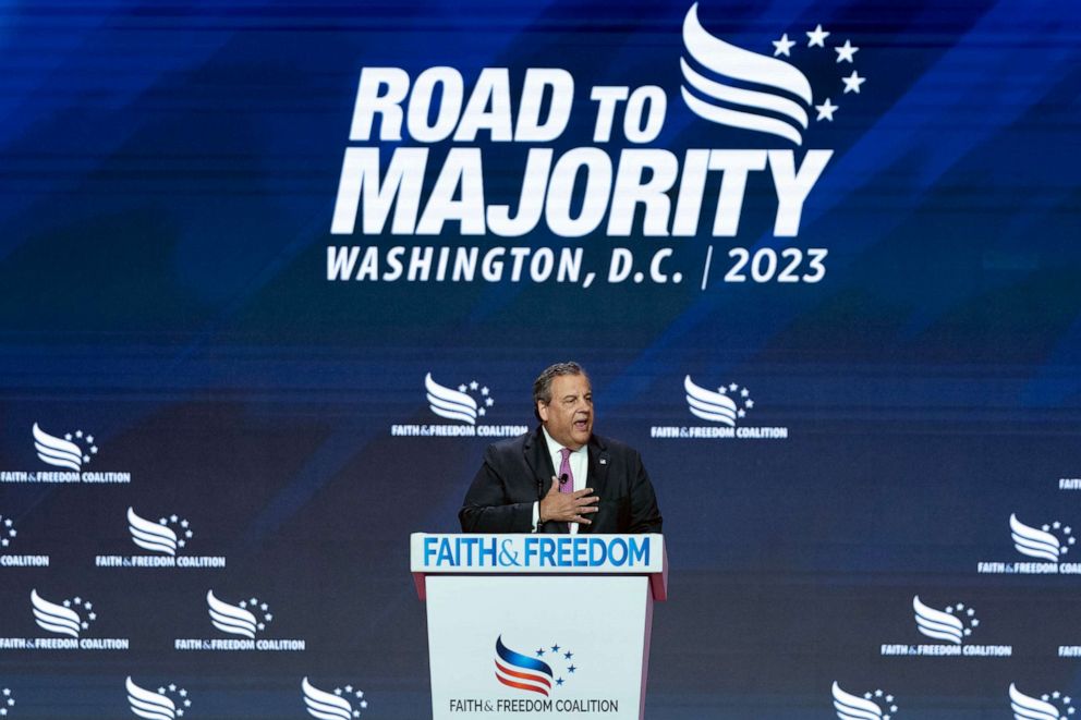 PHOTO: Republican presidential candidate Chris Christie speaks during the Faith and Freedom Coalition Policy Conference in Washington, June 23, 2023.
