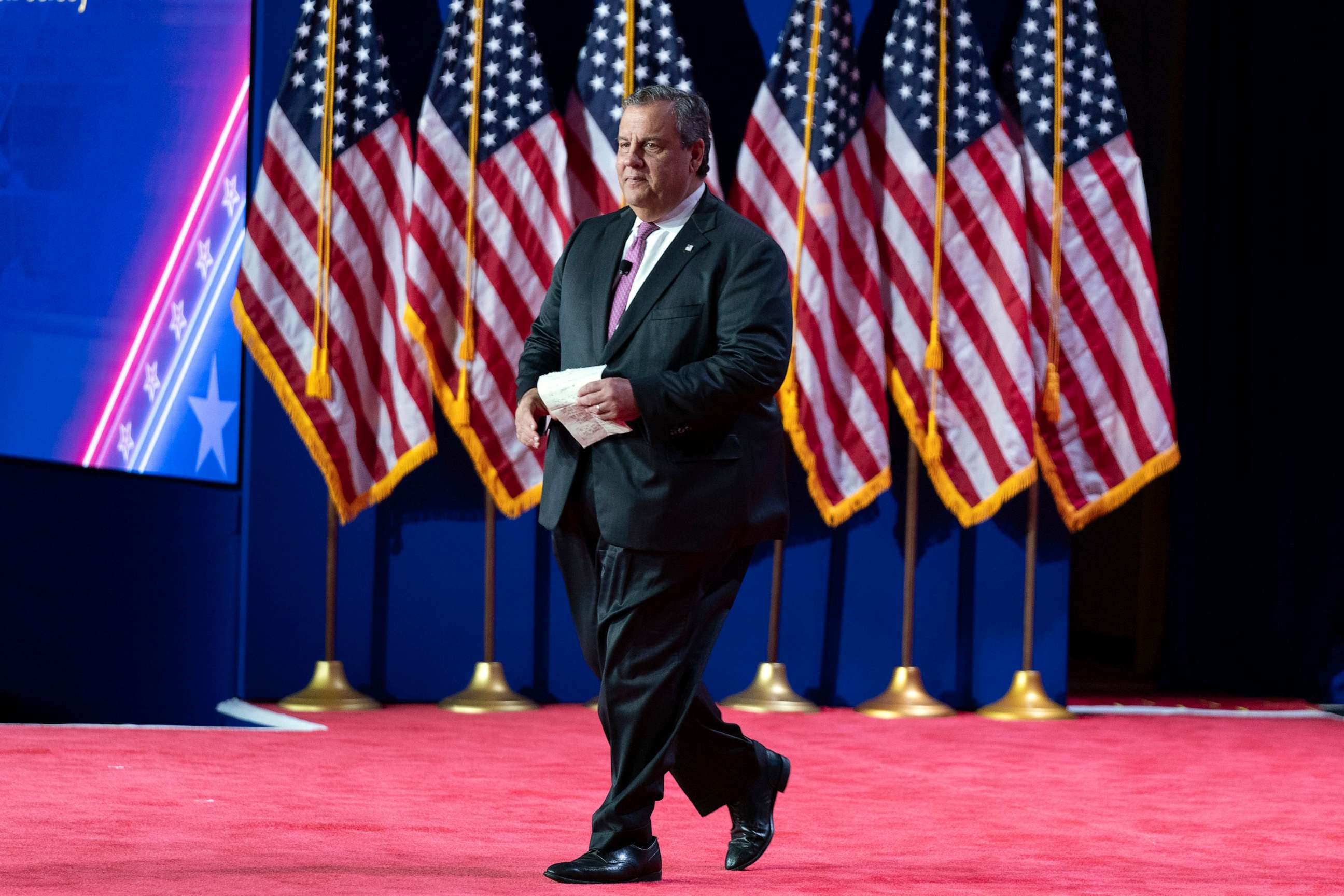 PHOTO: Republican presidential candidate former New Jersey Gov. Chris Christie walks on stage during the Faith and Freedom Coalition Policy Conference, in Washington, D.C., on June 23, 2023.