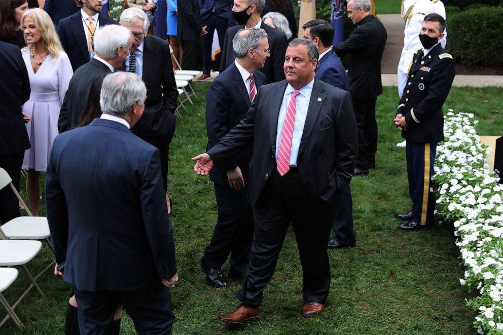 PHOTO: Former New Jersey Gov. Chris Christie talks with guests in the Rose Garden after President Donald Trump introduced Amy Coney Barrett as his nominee to the Supreme Court at the White House Sept. 26, 2020, in Washington, D.C.